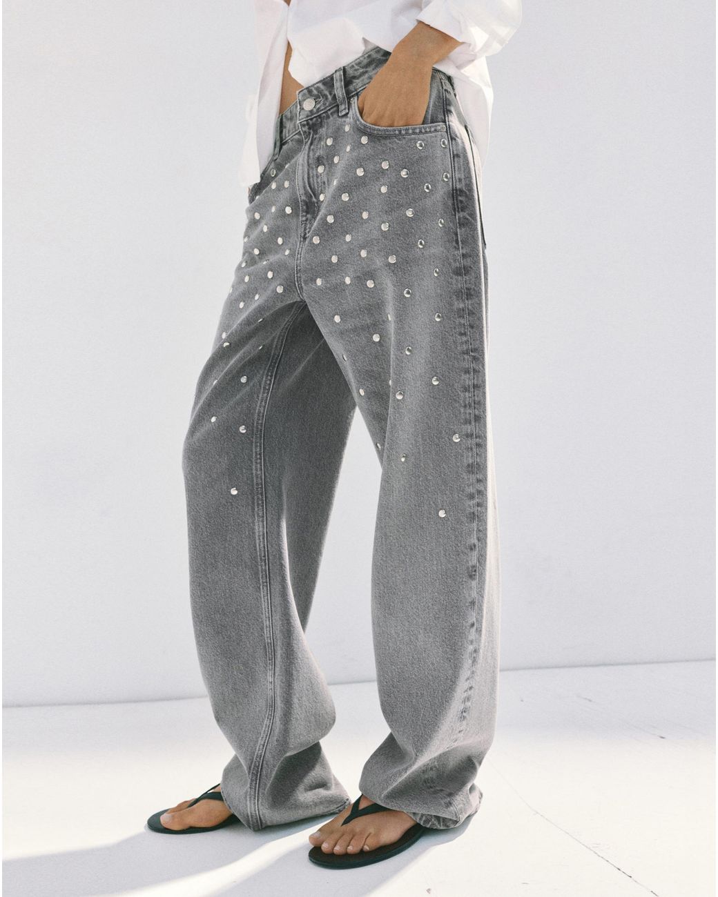 Mango Gray Regular Waist Studded Jeans