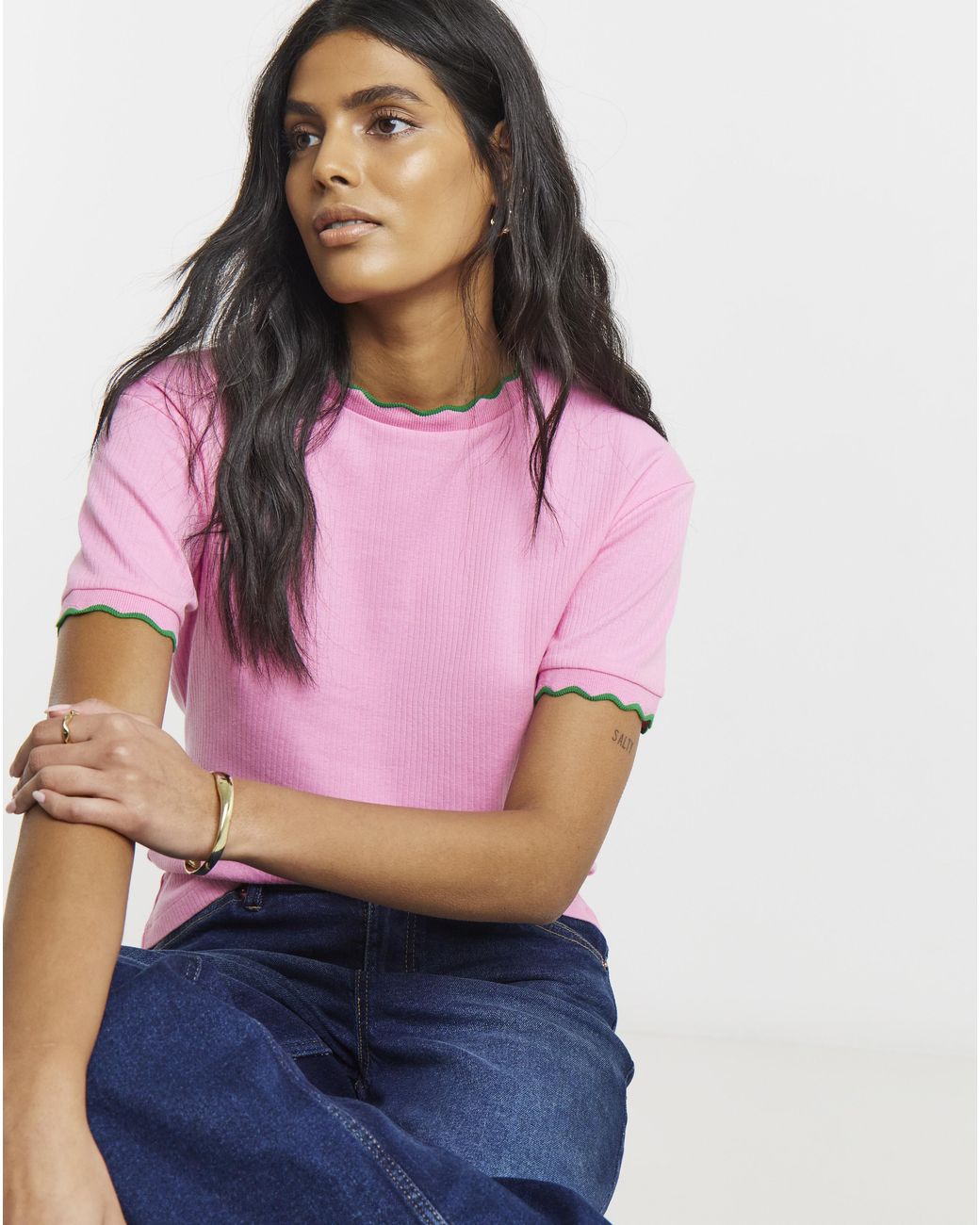 Simply Be Pink Ribbed Scallop T-Shirt