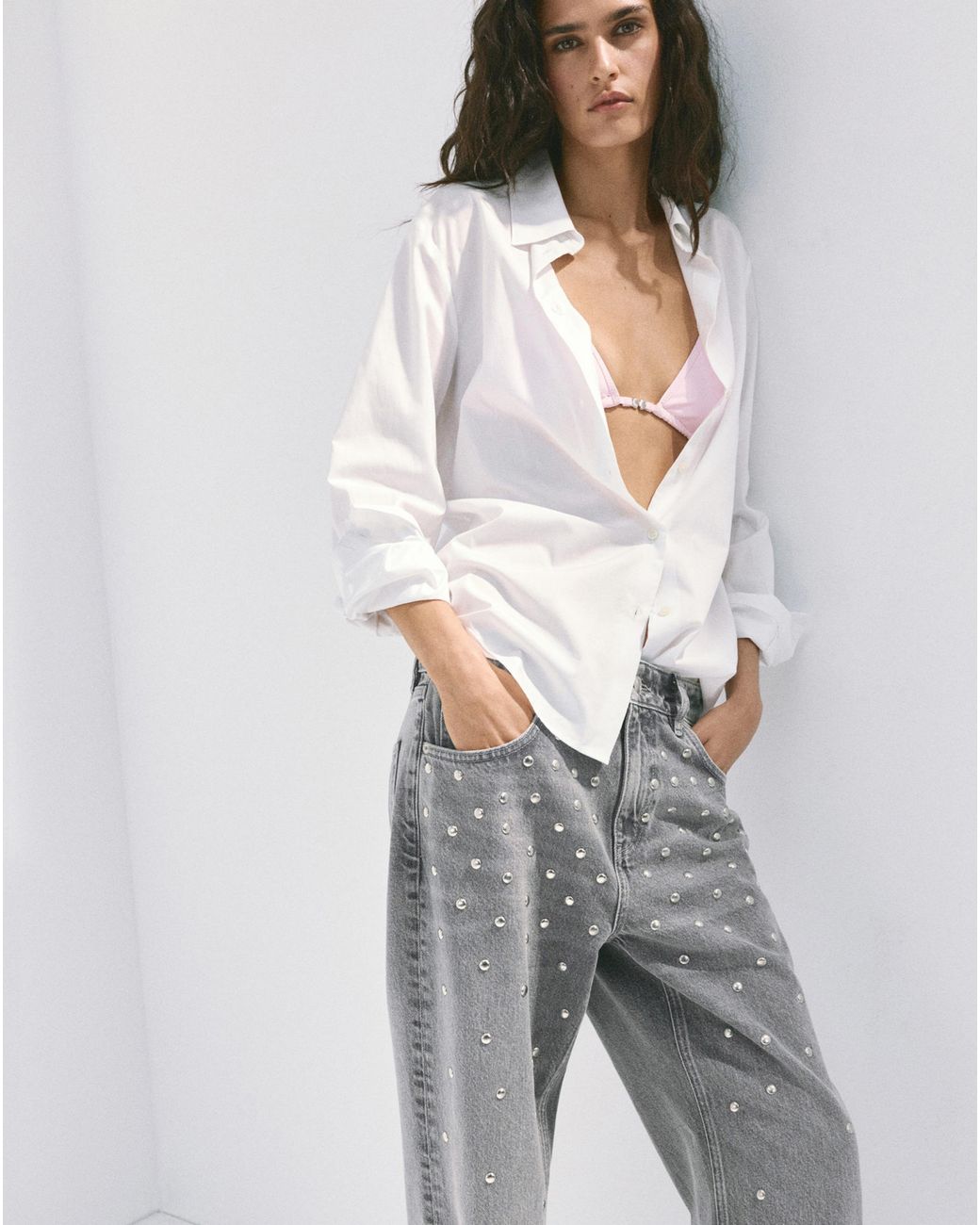 Mango Gray Regular Waist Studded Jeans