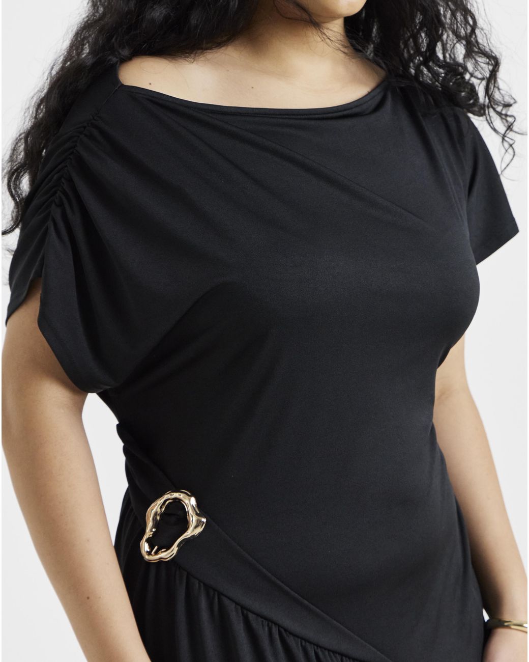 Simply Be Black Drape Midi Dress With Buckle Detail