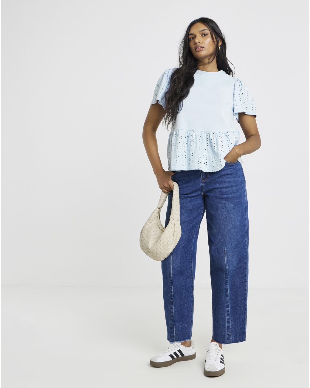Simply Be Blue Crew Neck Peplum Broderie Top