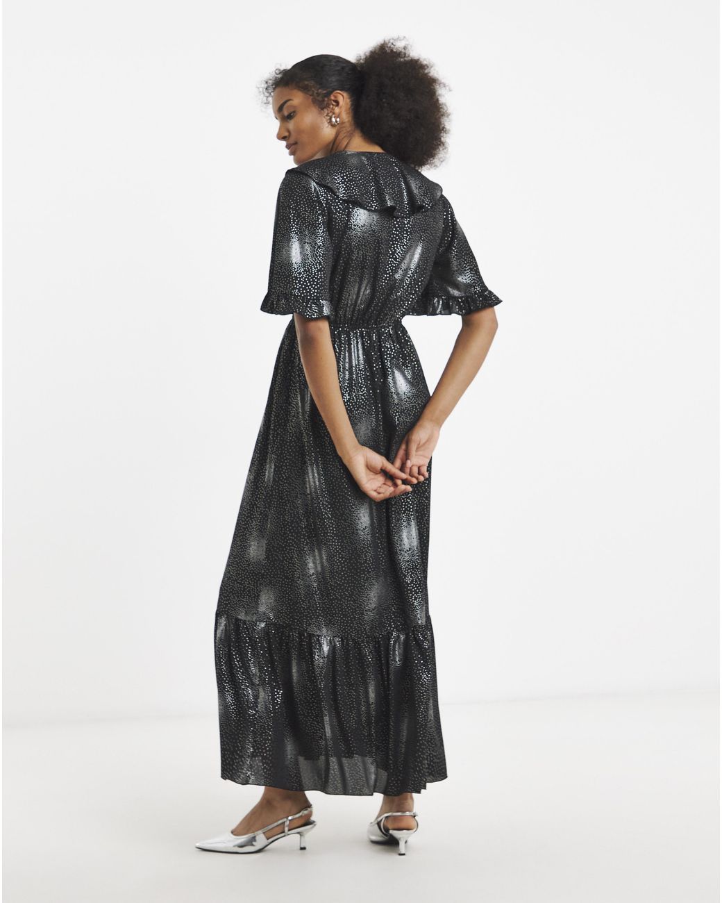 Flounce London Black Foil Ruffle Maxi Dress