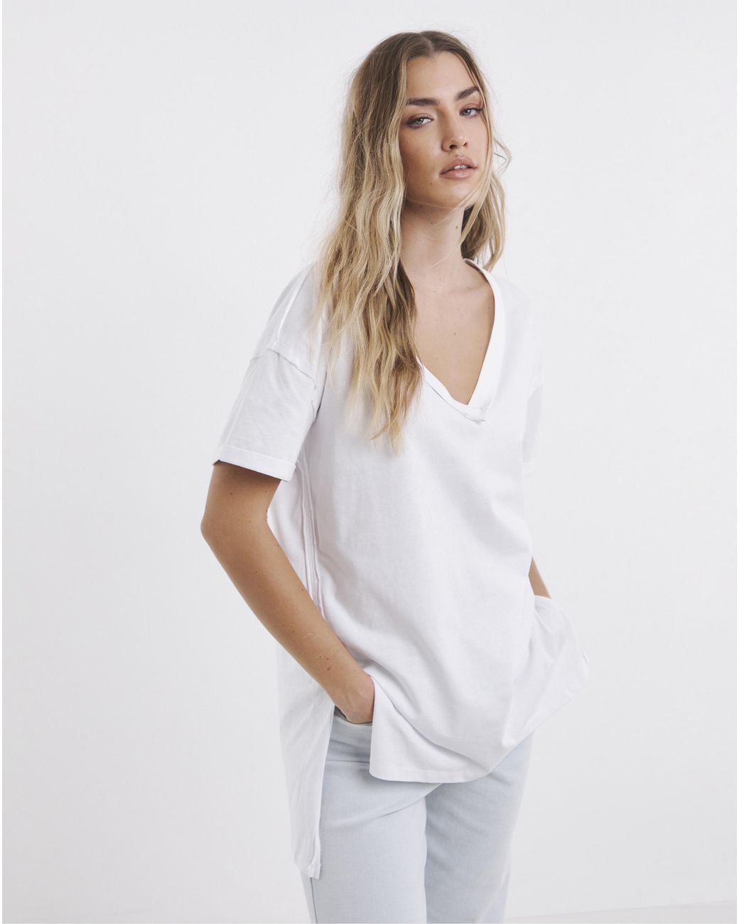 Simply Be White Oversized V Neck T-Shirt