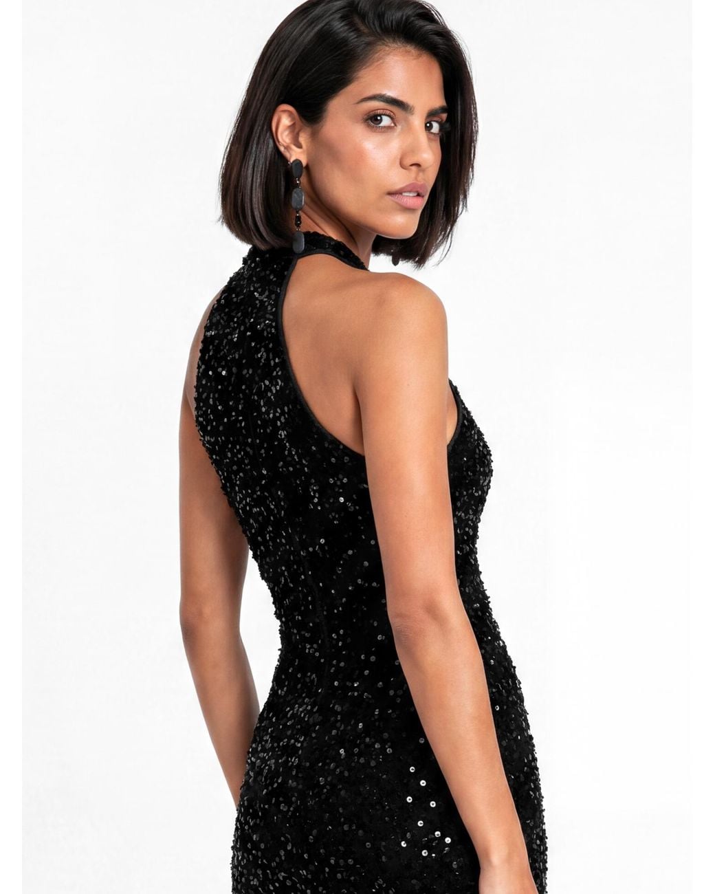 Maya Deluxe Black Sequin Velvet Midi Dress
