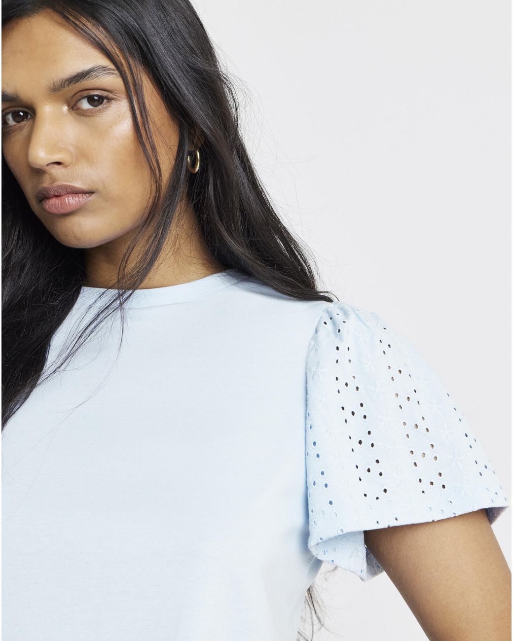 Simply Be Blue Crew Neck Peplum Broderie Top