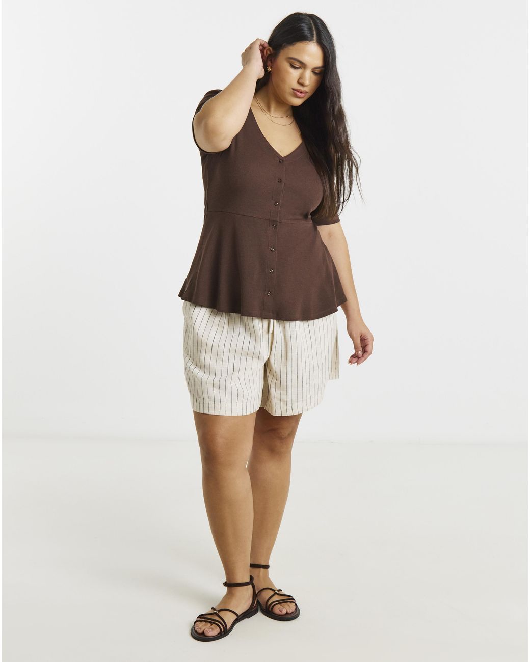 Simply Be Brown Button Through Peplum Top