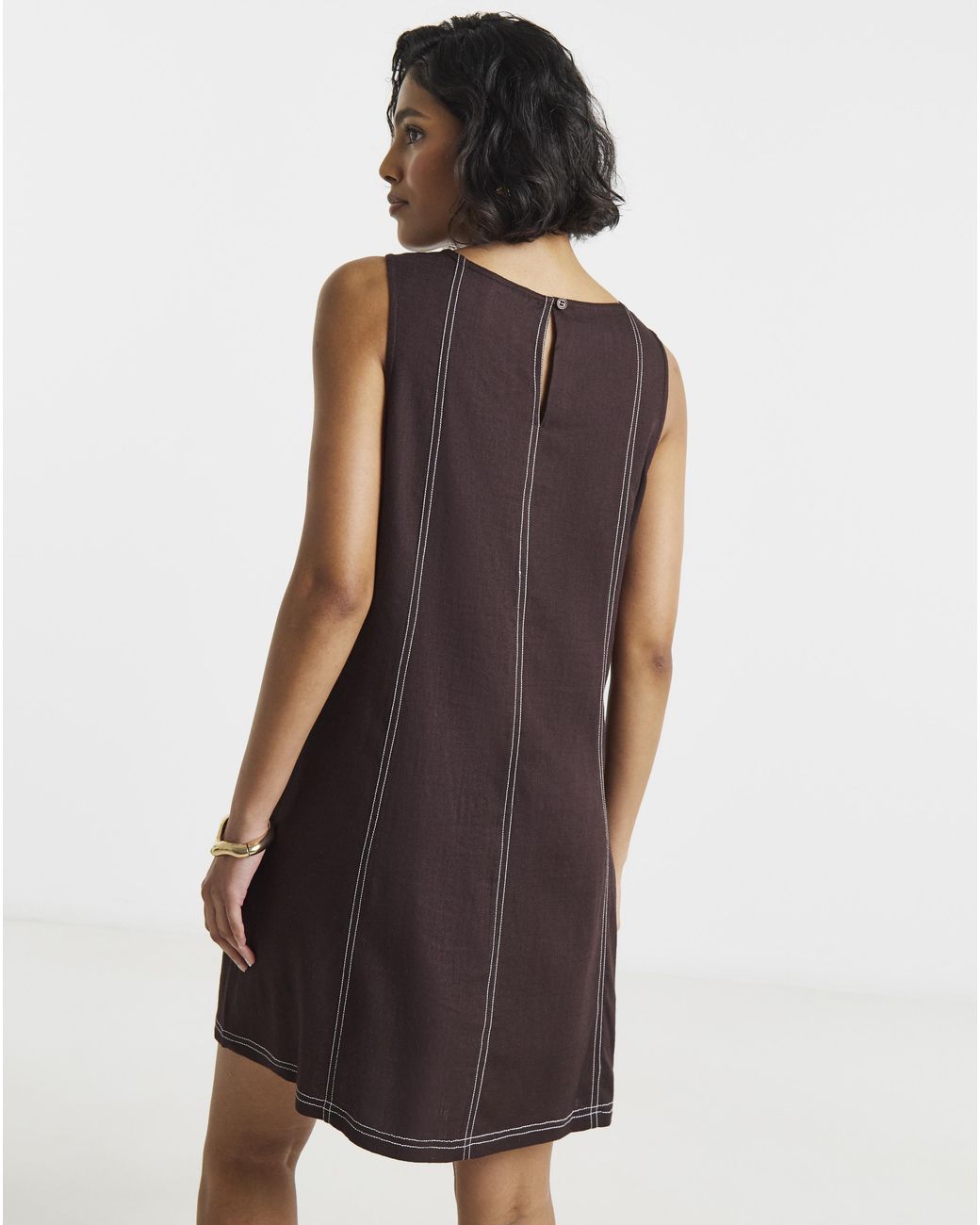 Simply Be Brown Linen Swing Dress With Ecru Stitching