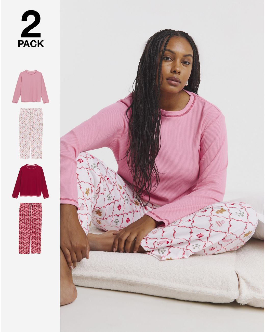 Simply Be Pink Christmas Ribbed 2 Pack Pj Sets