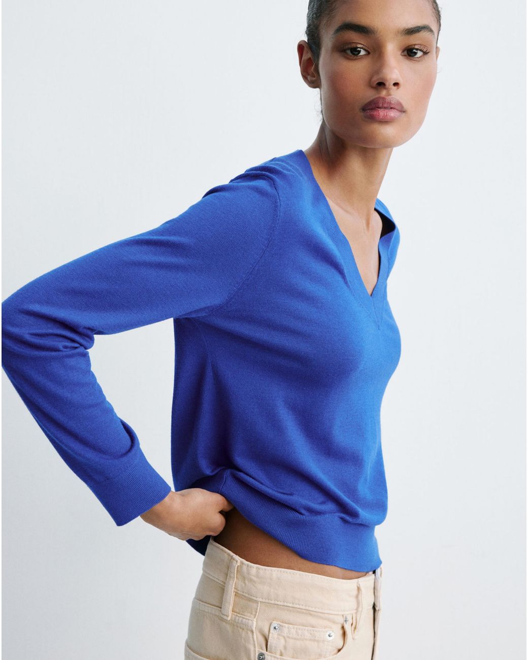 Mango Blue V-Neck Knit Sweater
