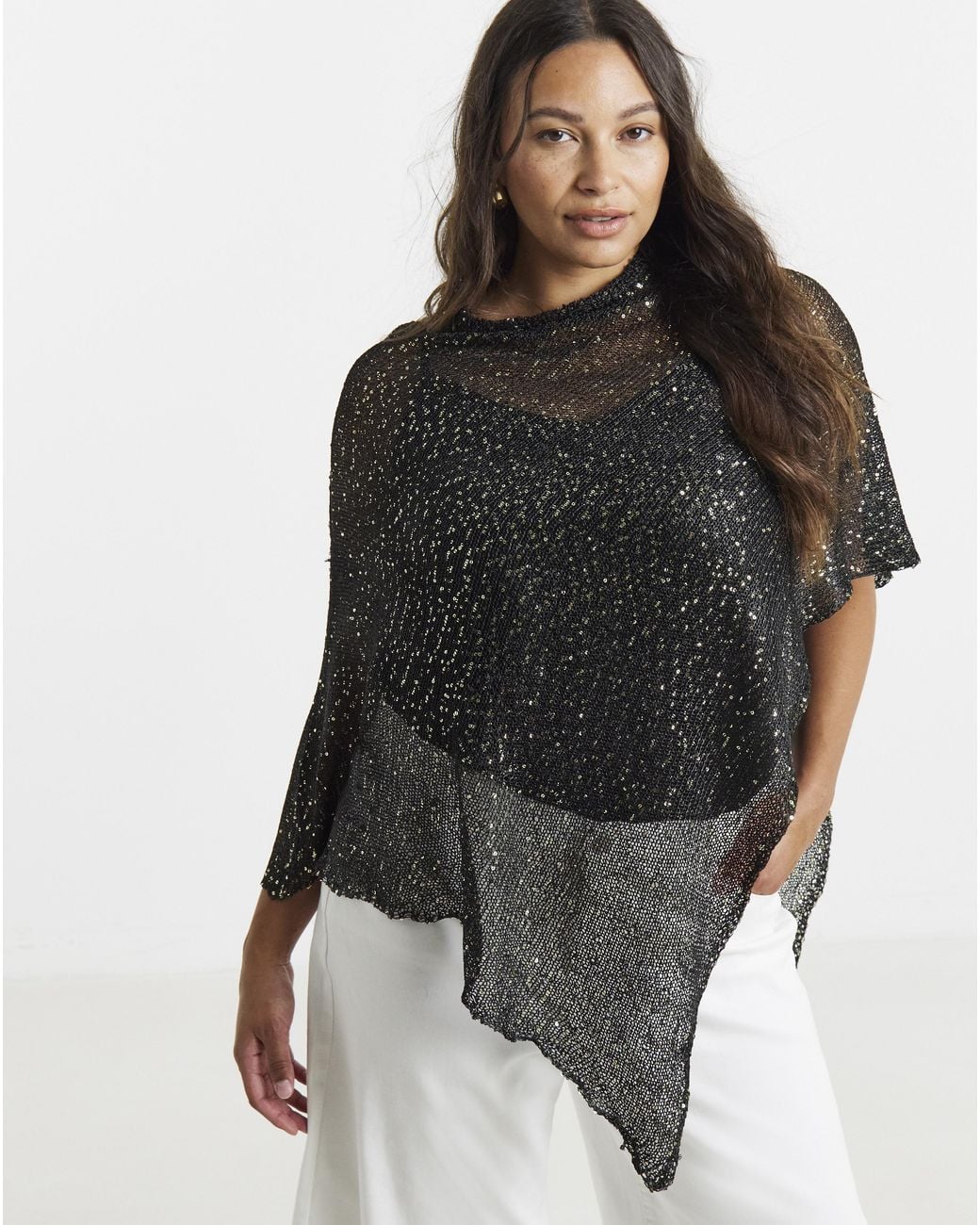 Simply Be Black Sequin Knitted Slouchy Poncho