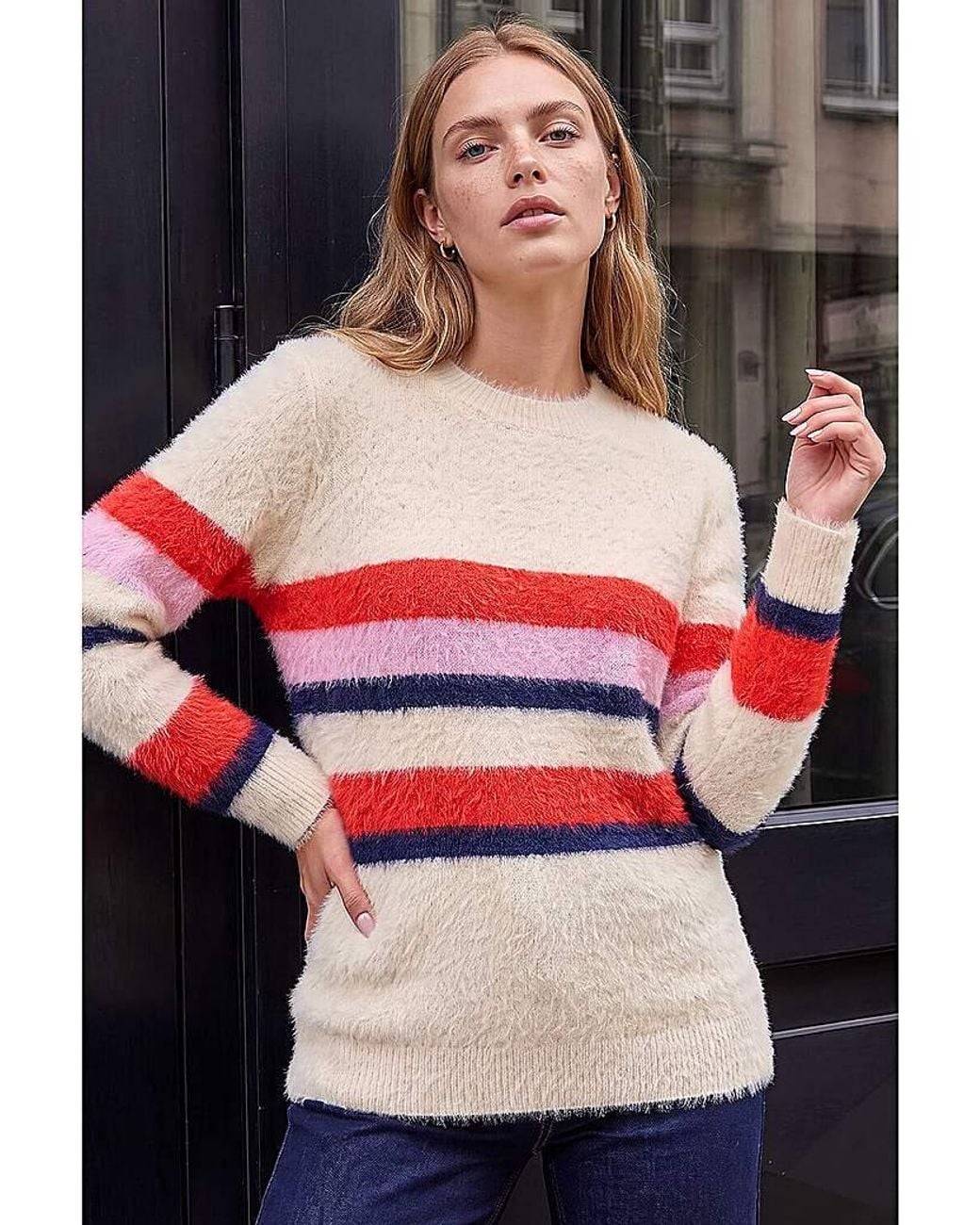 Roman White Roman Fluffy Stripe Knit Jumper