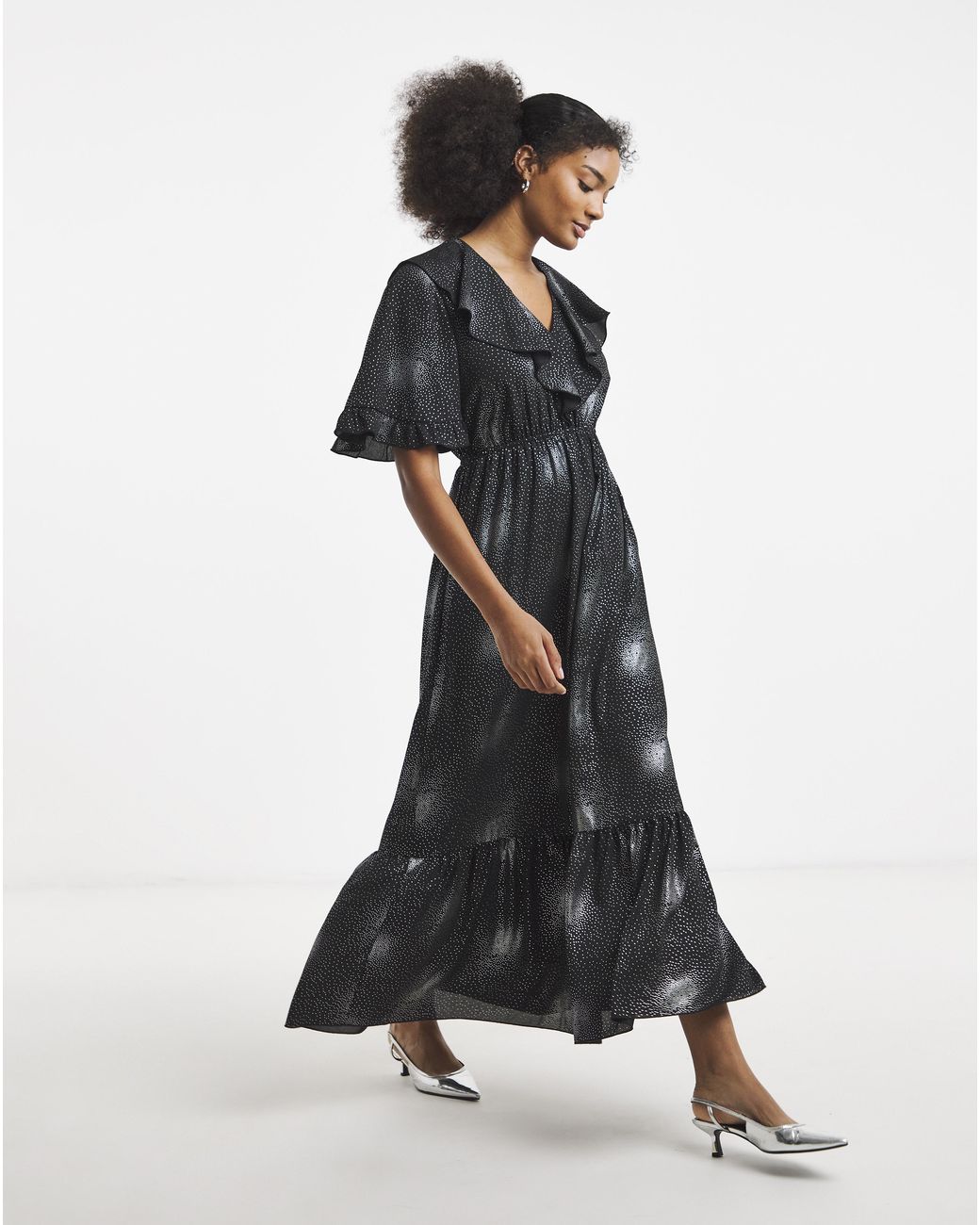 Flounce London Black Foil Ruffle Maxi Dress