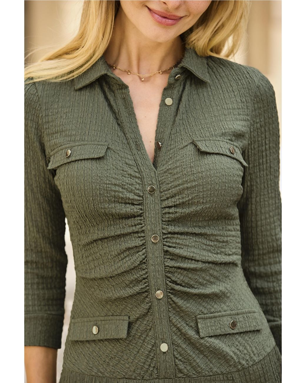 Sosandar Green Petite Textured Front Dress