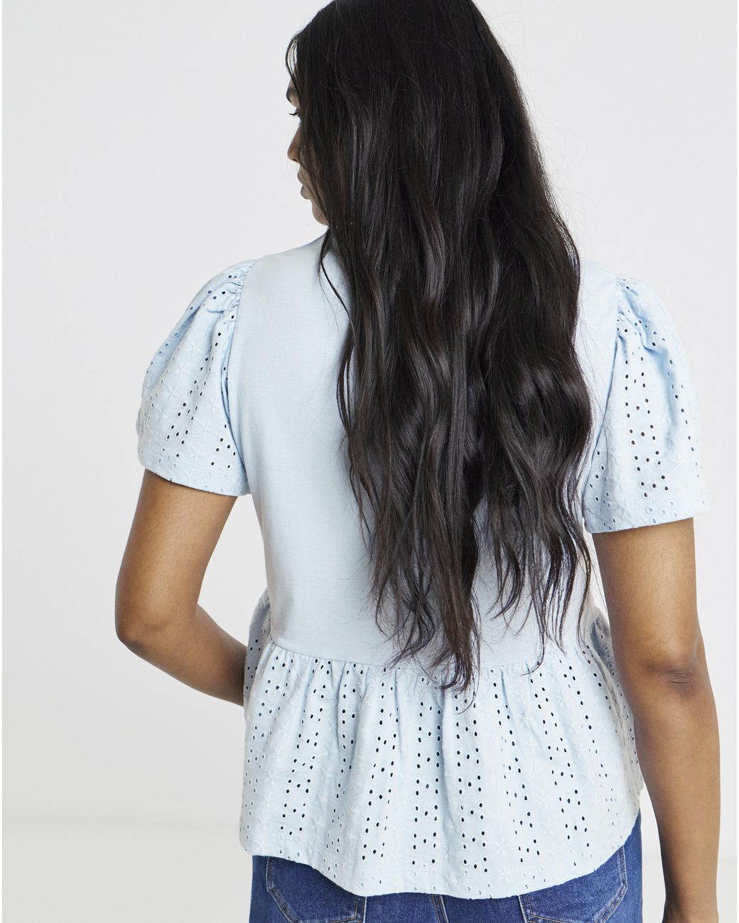 Simply Be Blue Crew Neck Peplum Broderie Top