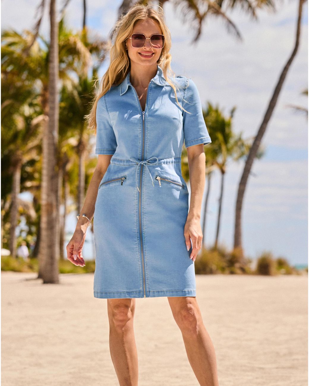 Sosandar Blue Zip Front A Line Denim Dress