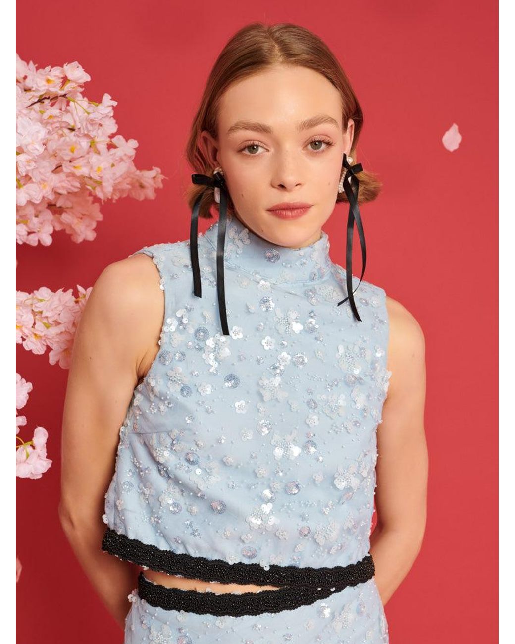Sister Jane Red Dream Blossom Bead Cropped Top