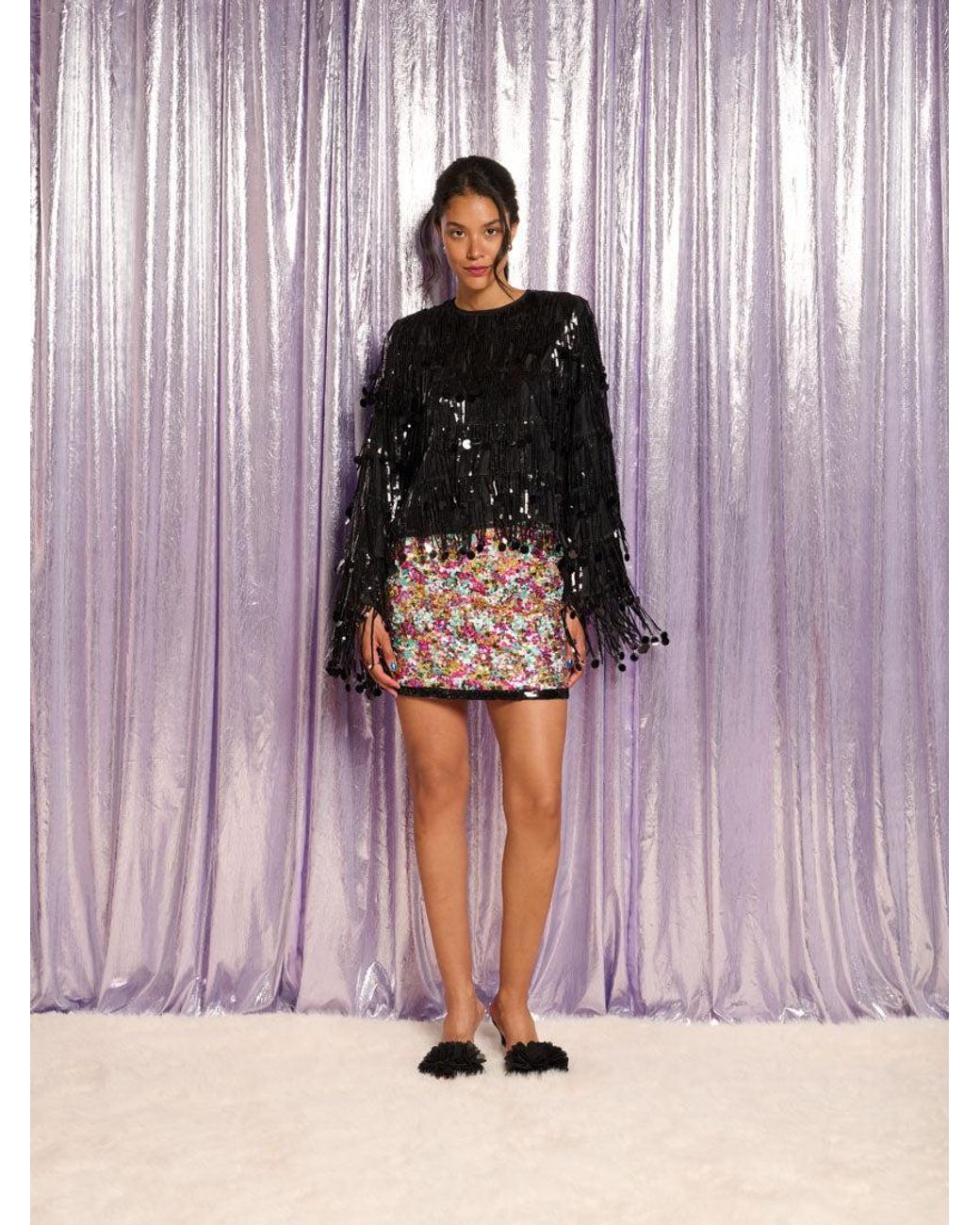 Sister Jane Black Heather Sequin Fringe Top