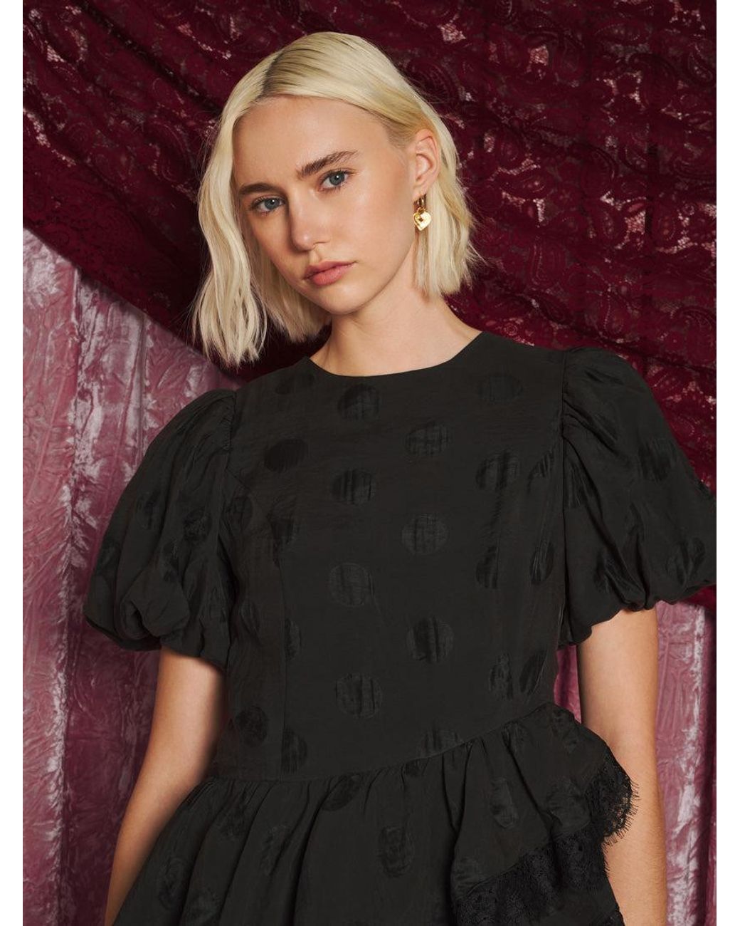 Sister Jane Purple Dream Mirage Spot Ruffle Top