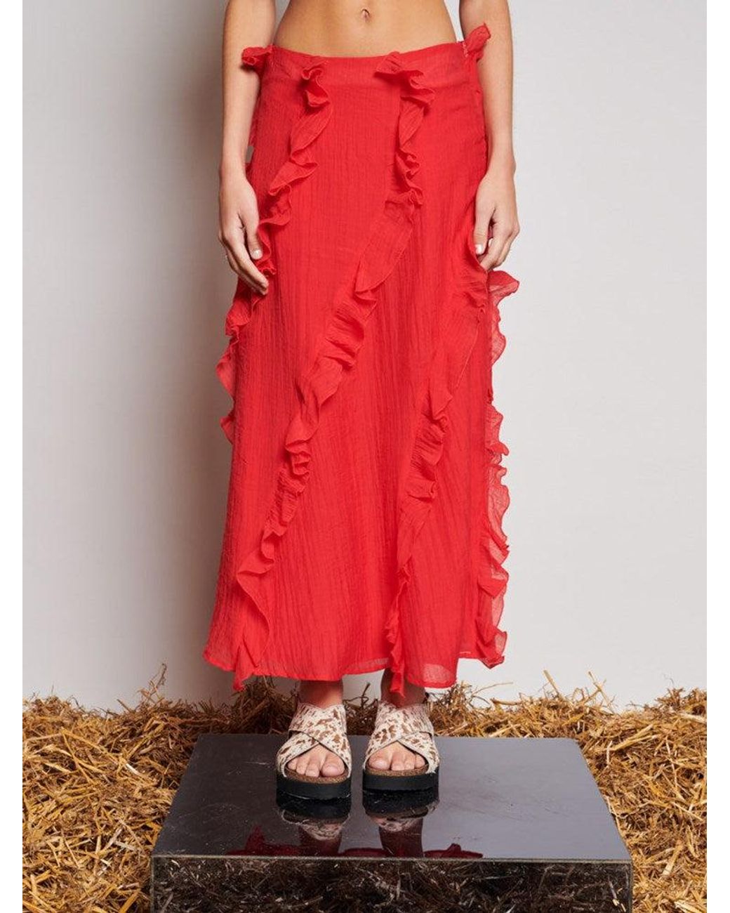 Sister Jane Red Ghospell Wynn Flounced Midi Skirt