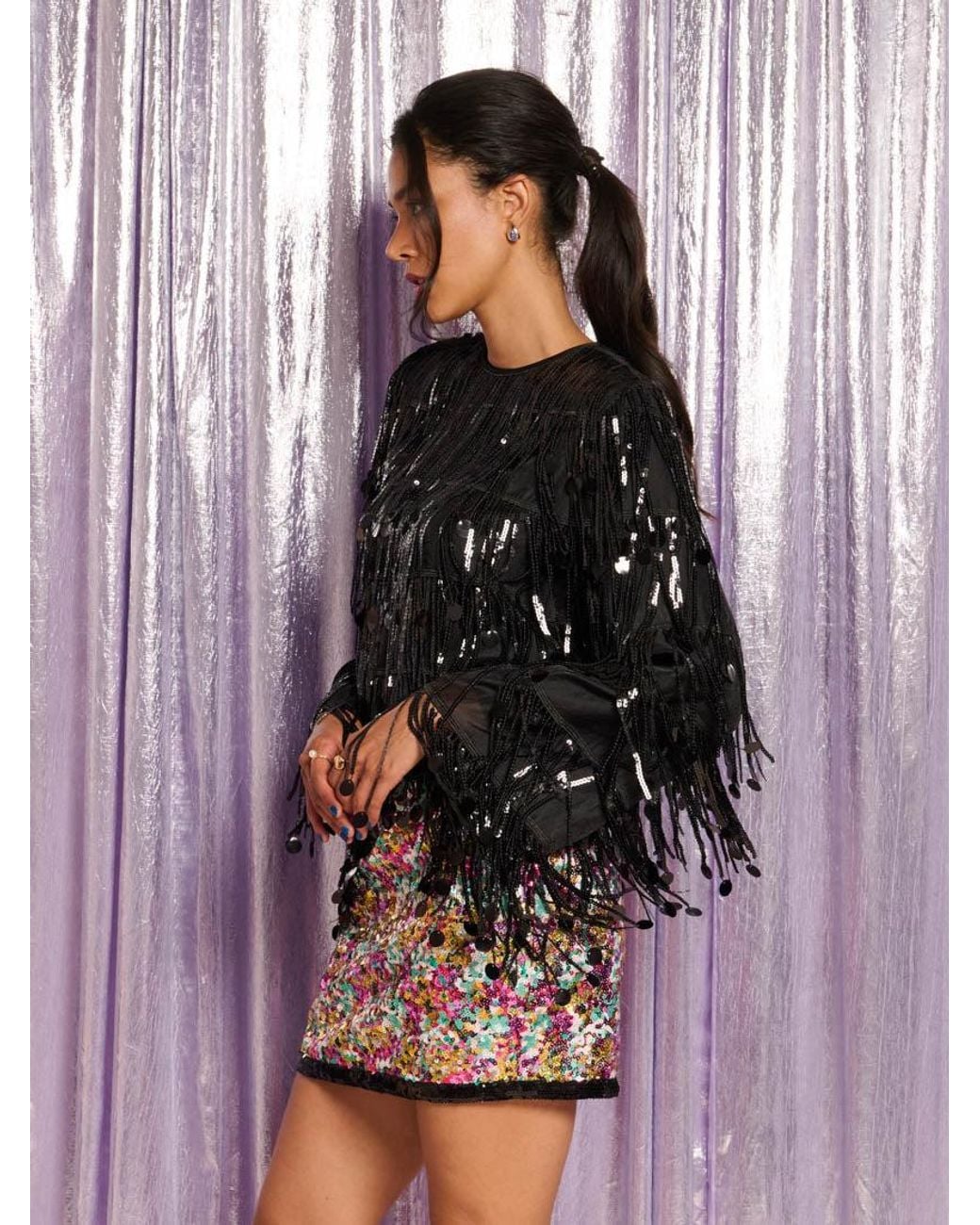 Sister Jane Black Heather Sequin Fringe Top