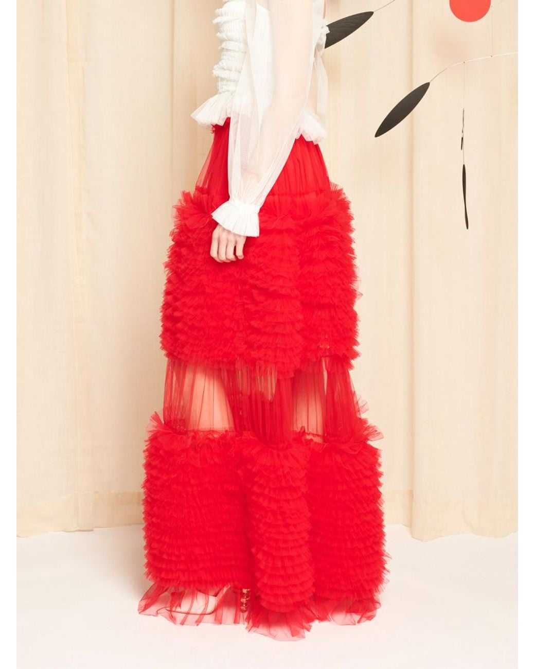 Sister Jane Red Dream Pigment Tulle Ruffle Maxi Skirt