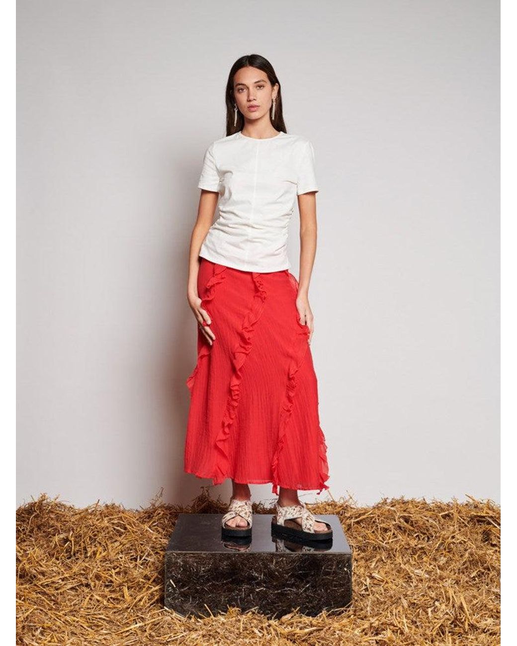 Sister Jane Red Ghospell Wynn Flounced Midi Skirt