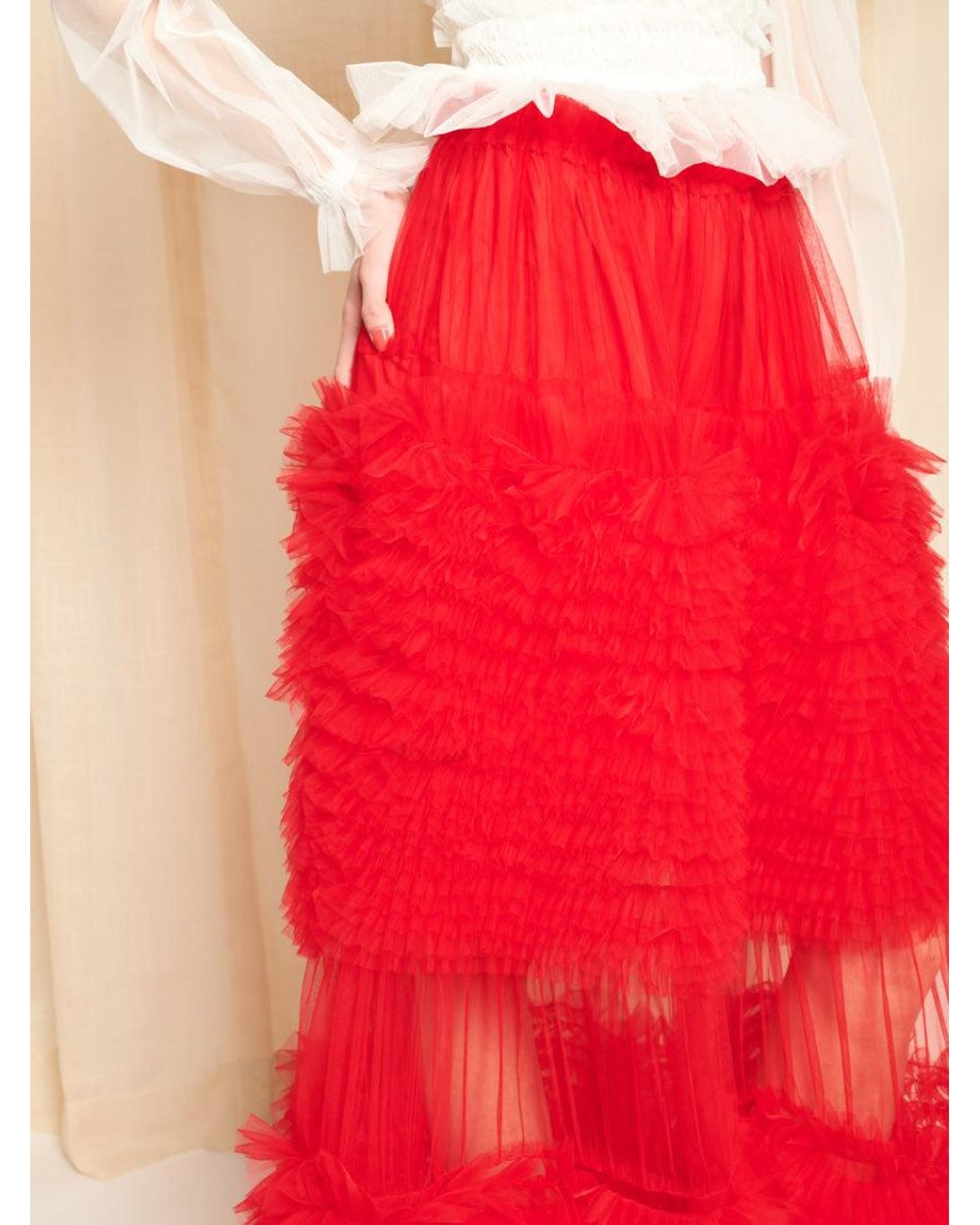 Sister Jane Red Dream Pigment Tulle Ruffle Maxi Skirt