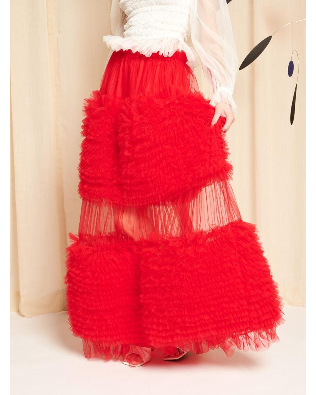 Sister Jane Red Dream Pigment Tulle Ruffle Maxi Skirt