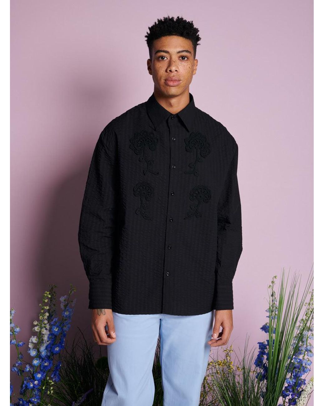 Sister Jane Blue Dorie Crochet Trim Shirt
