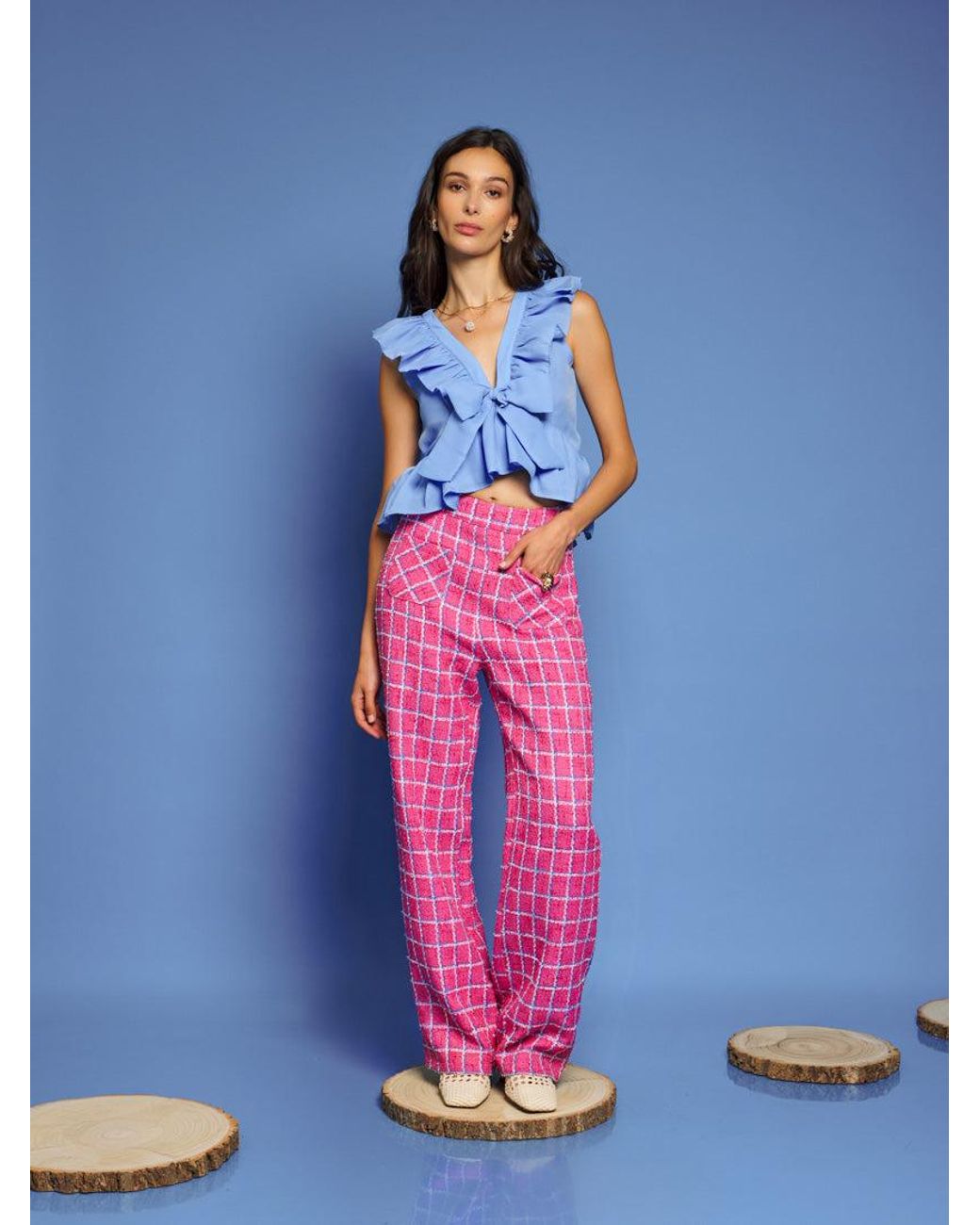 Sister Jane Pink Dream Cottage Check Tweed Trousers