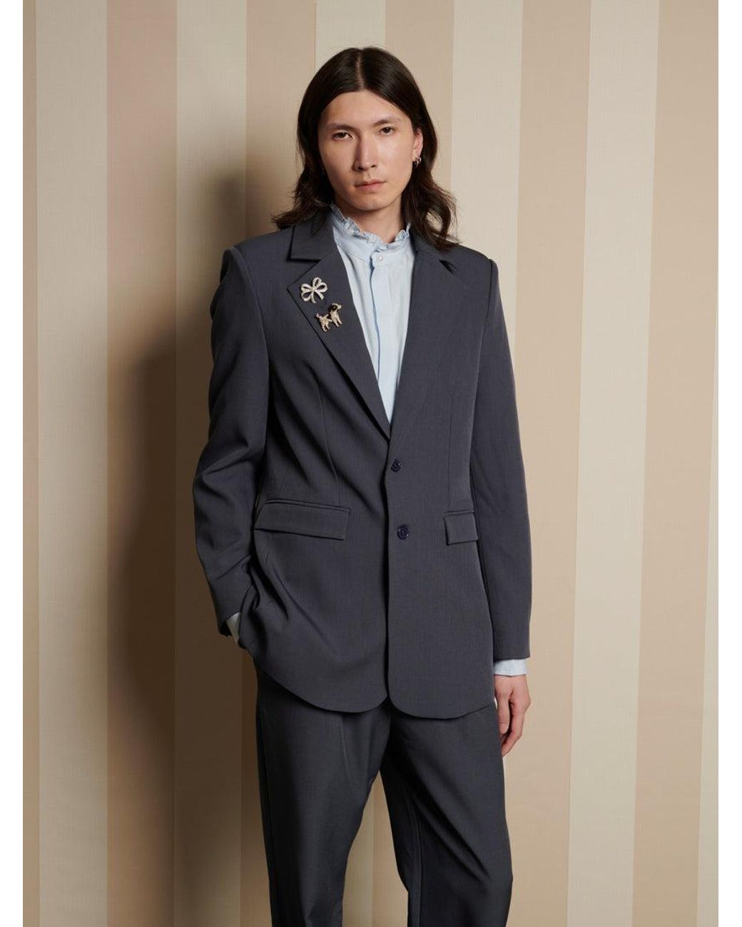 Sister Jane Blue Albert Brooch Single Breasted Blazer