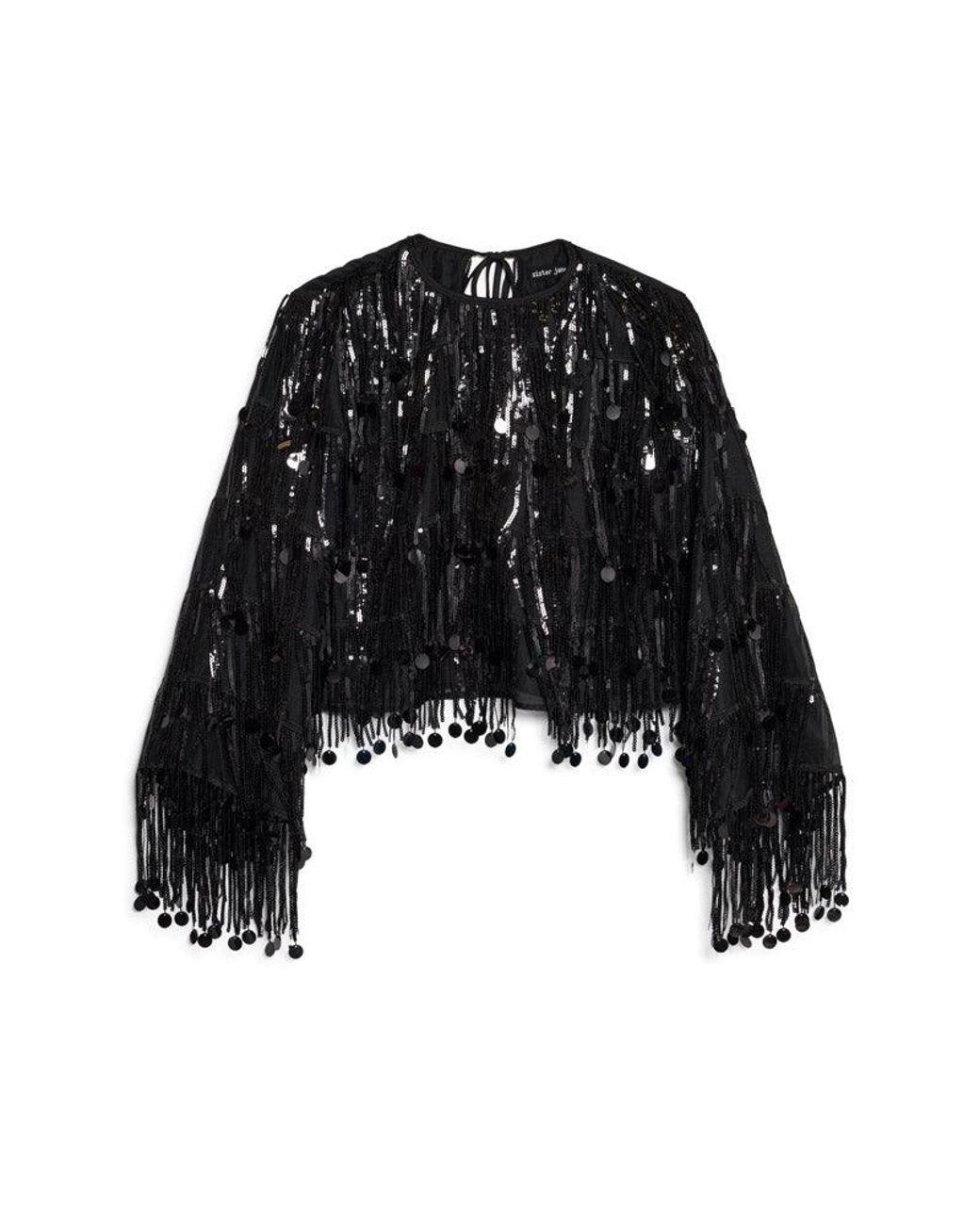 Sister Jane Black Heather Sequin Fringe Top