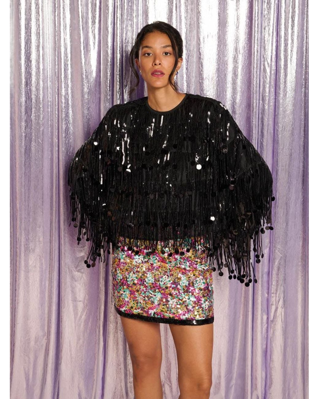 Sister Jane Black Heather Sequin Fringe Top