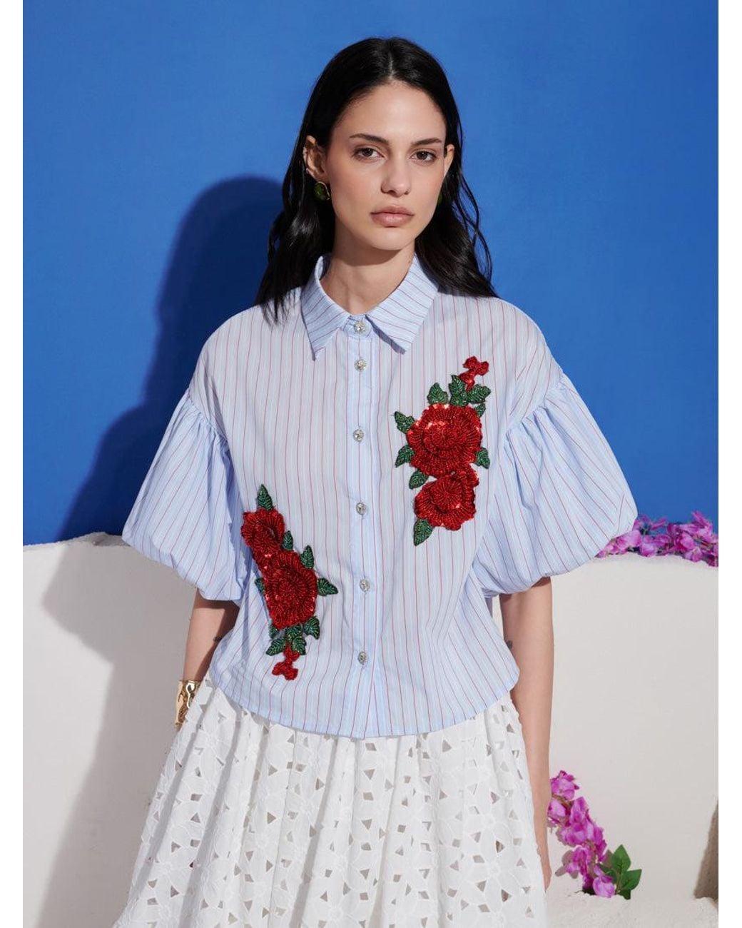 Sister Jane Blue Dream Marble Stripe Embellished Blouse