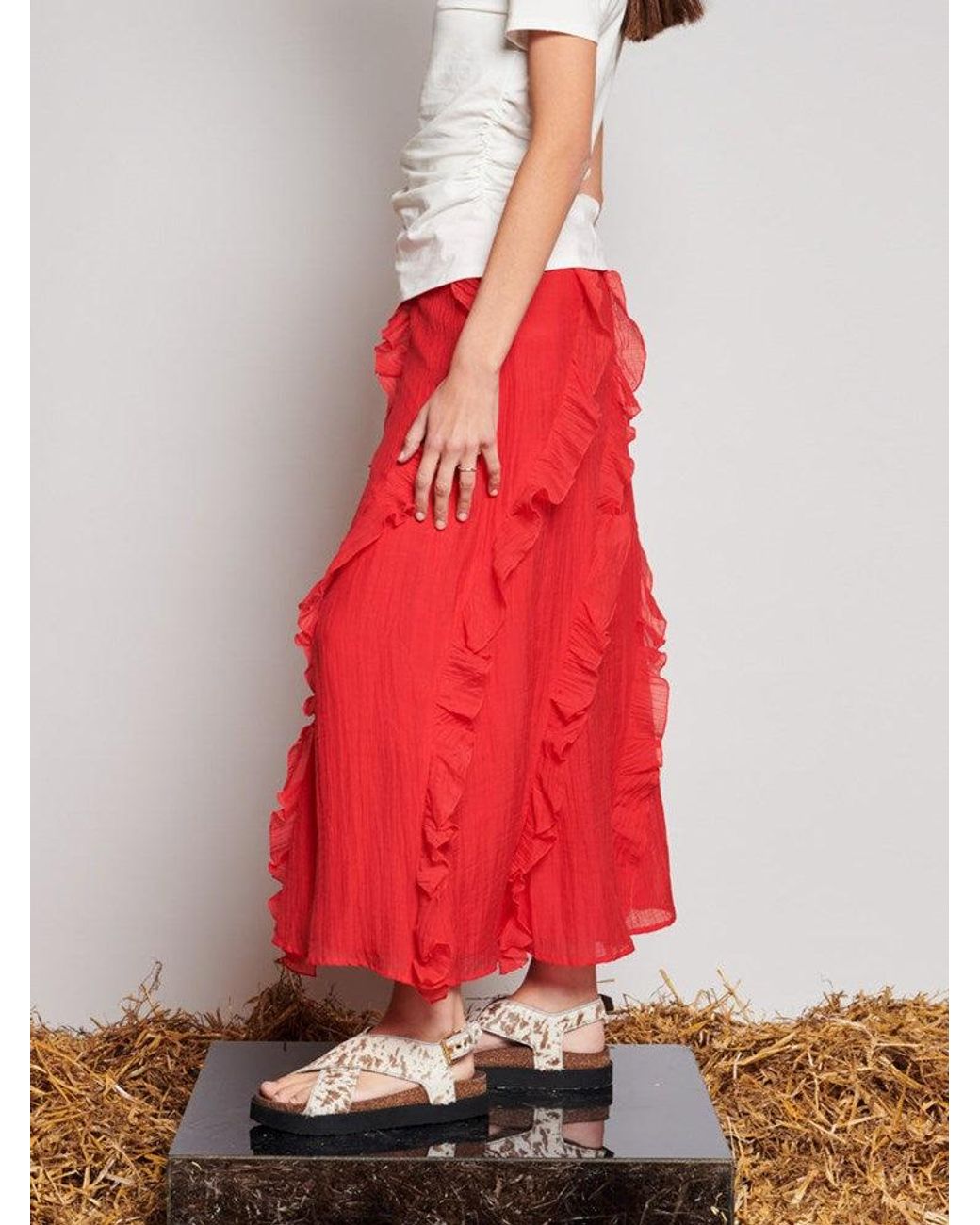 Sister Jane Red Ghospell Wynn Flounced Midi Skirt