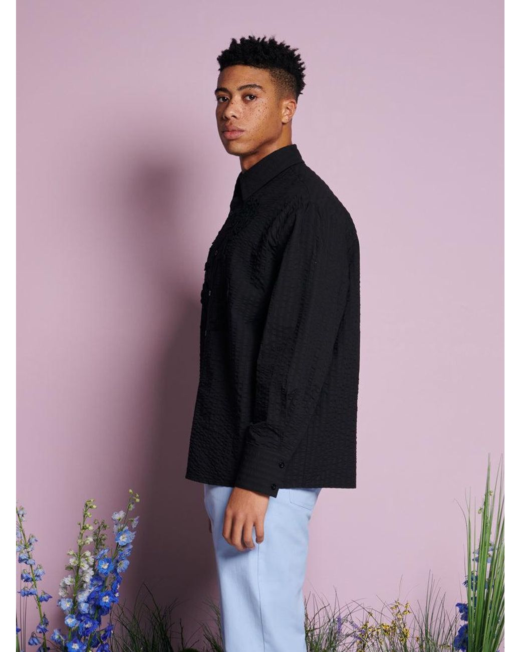 Sister Jane Blue Dorie Crochet Trim Shirt