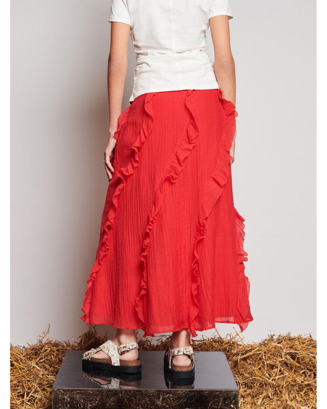 Sister Jane Red Ghospell Wynn Flounced Midi Skirt