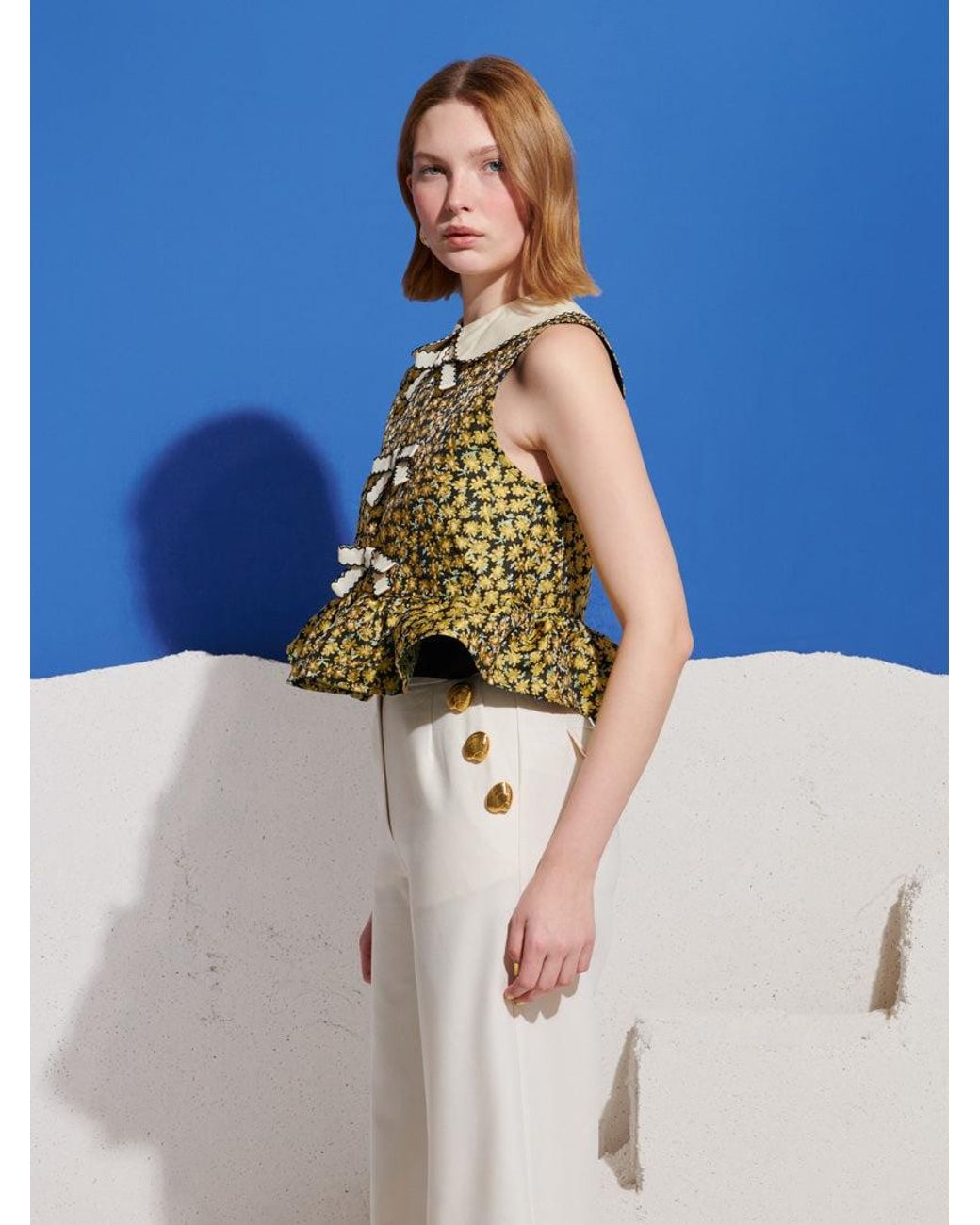 Sister Jane Blue Olive Jacquard Peplum Top