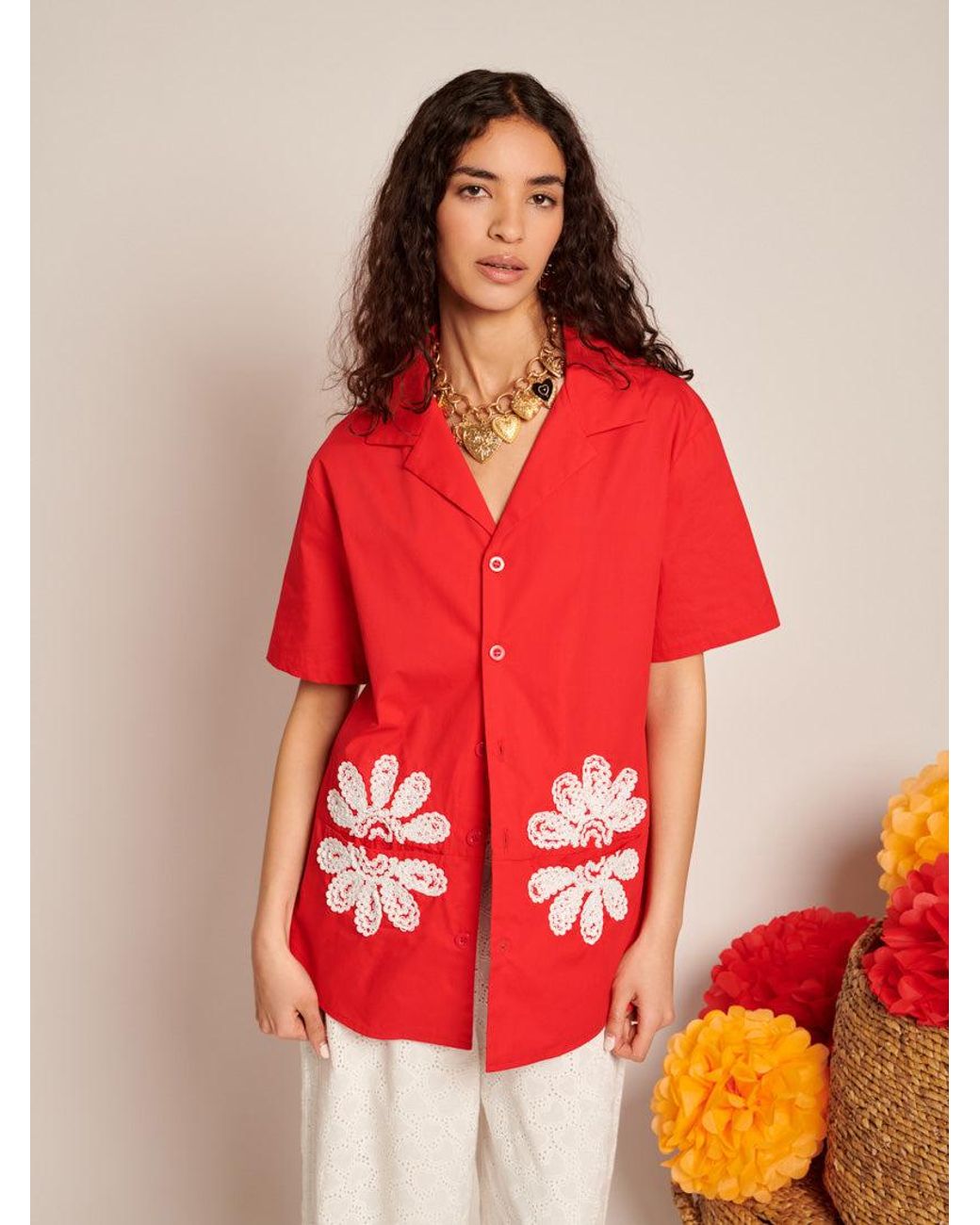 Sister Jane Red Rosario Trimmed Pockets Shirt