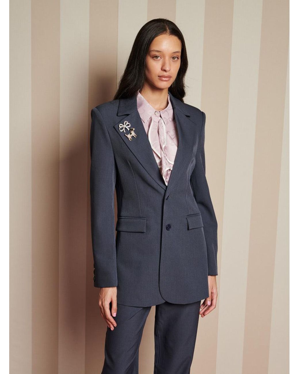 Sister Jane Blue Albert Brooch Single Breasted Blazer