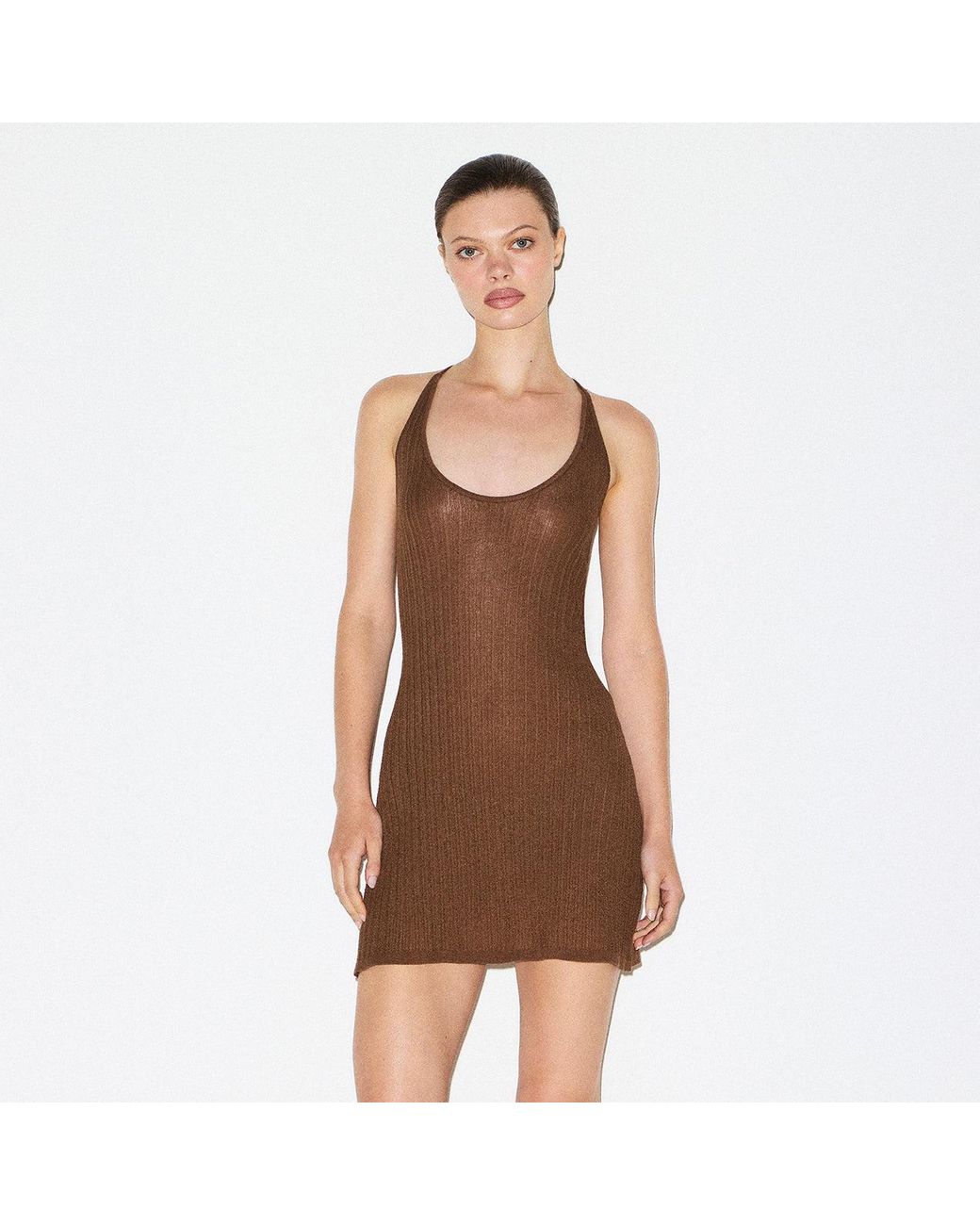 Skims Plunge Mini Dress in Brown | Lyst
