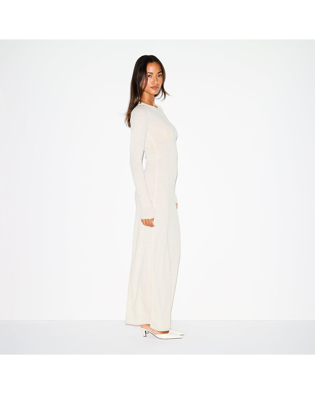skims white dress long sleeve Skims White Soft Lounge Ribbed Square Neck Maxi Dress, UK 14 / XL / White