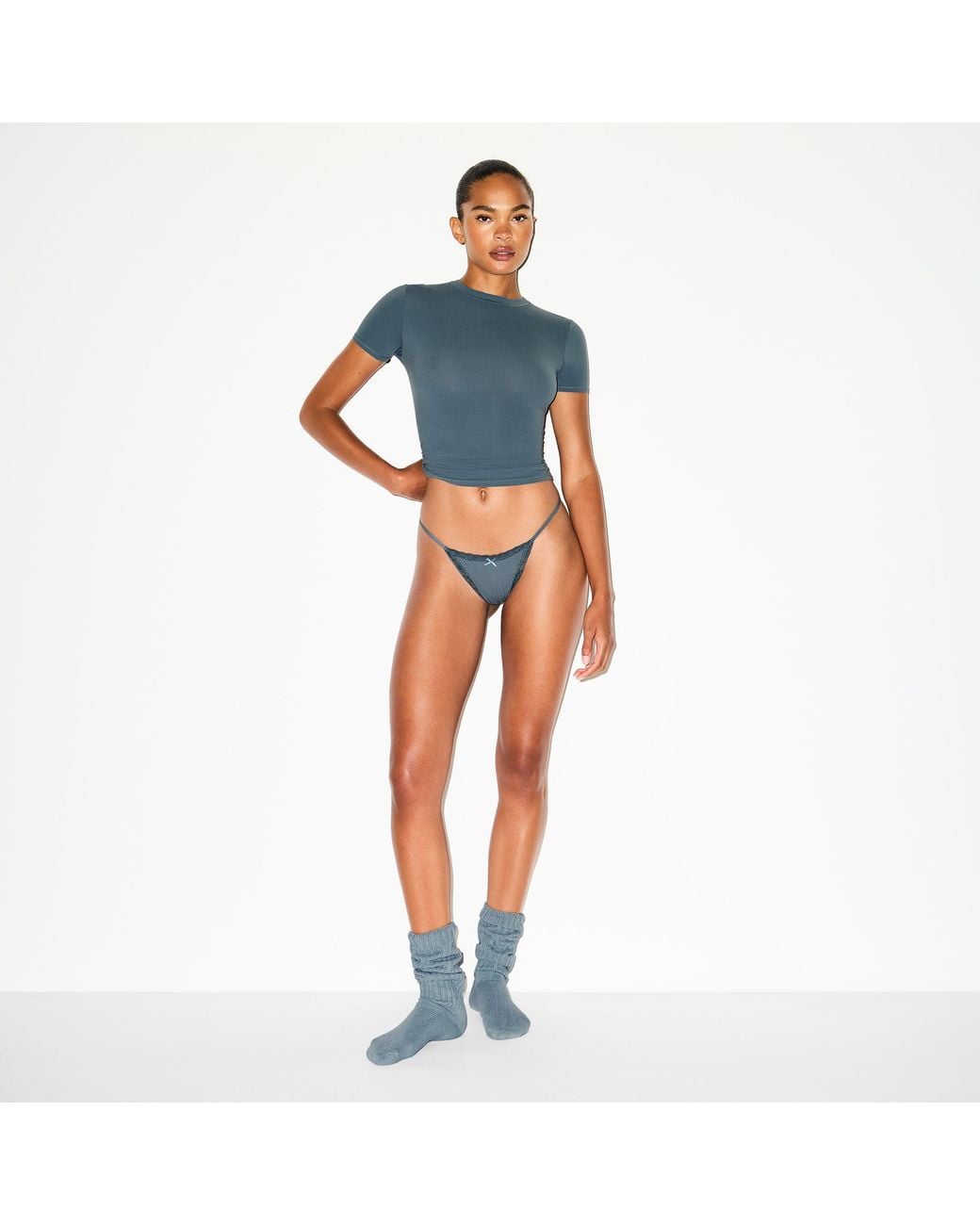 Skims Gray Pointelle Lace String Thong