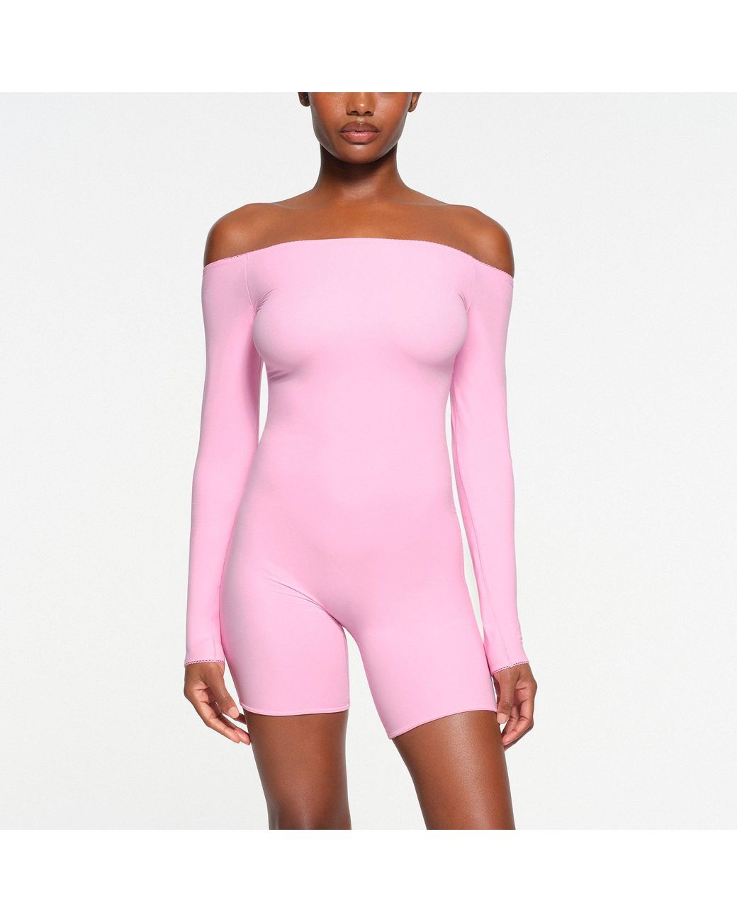 Skims Picot Off The Shoulder Onesie Bodysuit in Pink Lyst