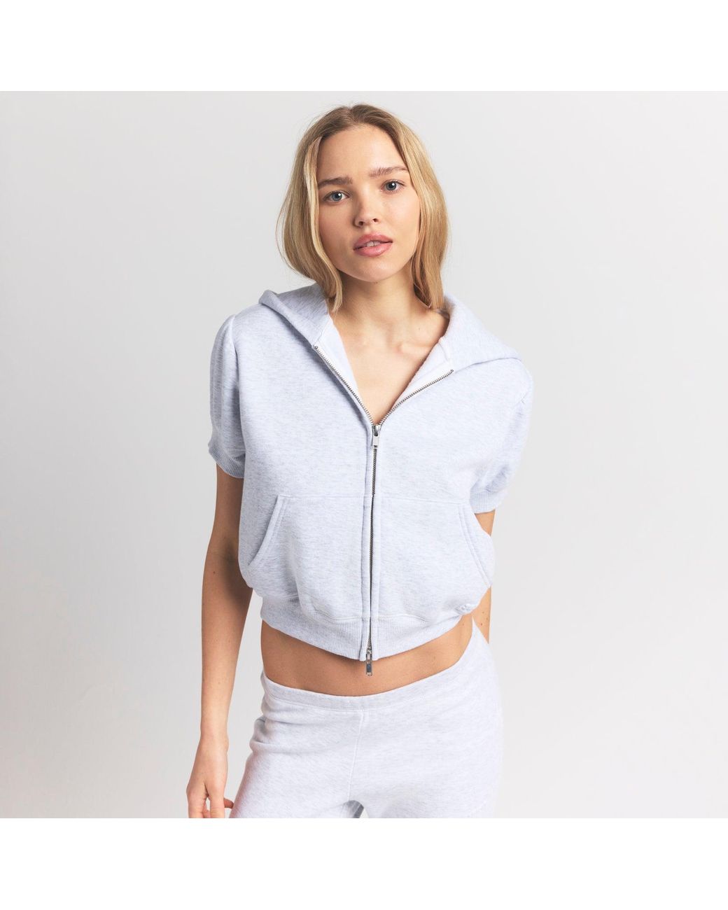 Skims Blue Bubble Sleeve Cropped Zip Up Jacket