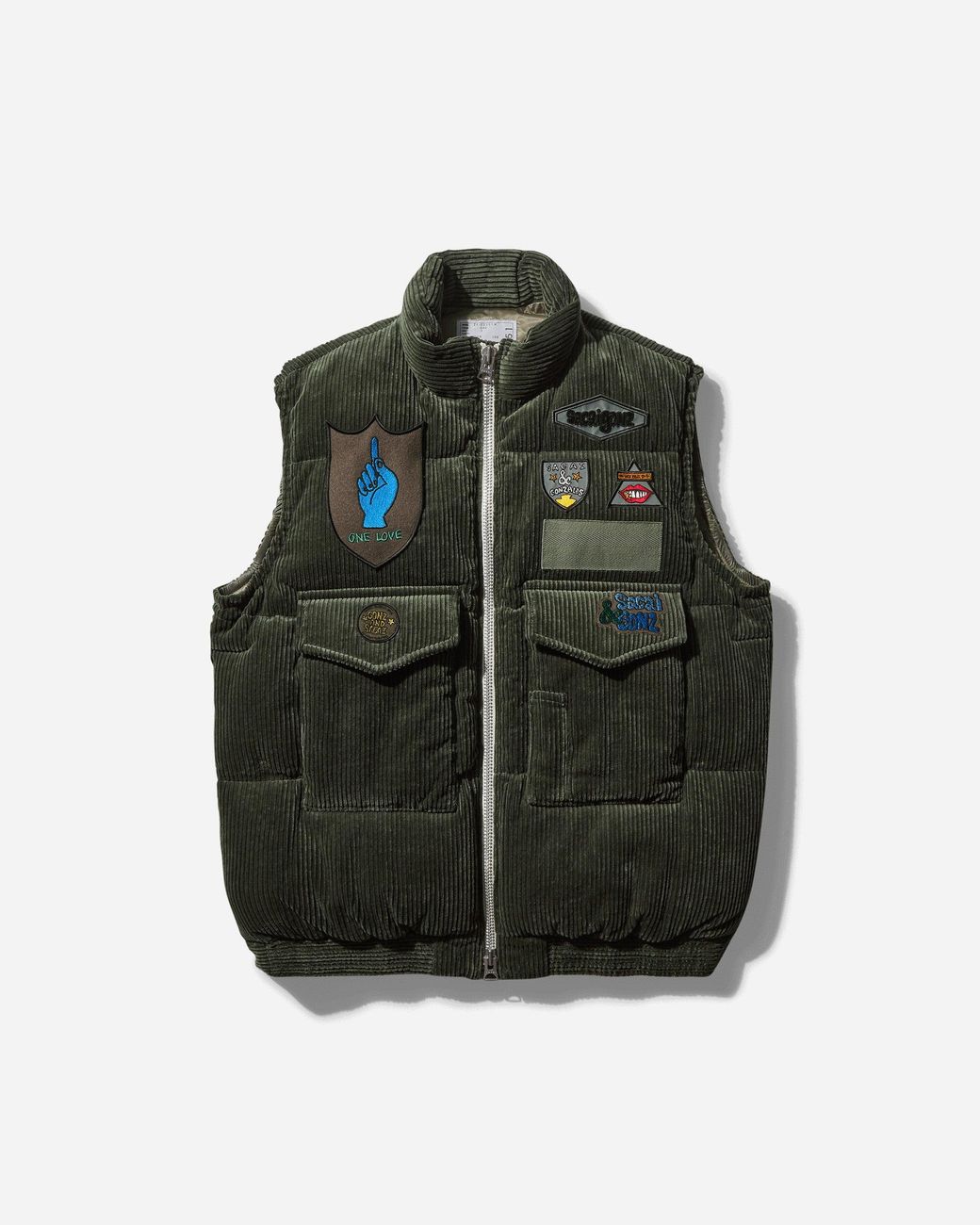 Sacai Gonz Multi Patch Corduroy Padded Vest Khaki in Green for Men