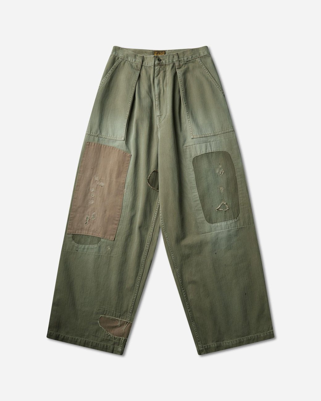 Kapital Green Men S Herringbone Fatigue baggy Pants (rushfiled Remake) Khaki for men