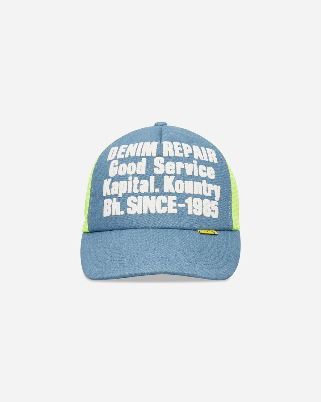 Kapital Blue Denim Repair Service Denim Track Cap Neon for men