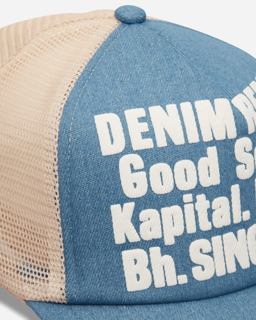 Kapital Blue Denim Repair Service Denim Track Cap Ecru for men