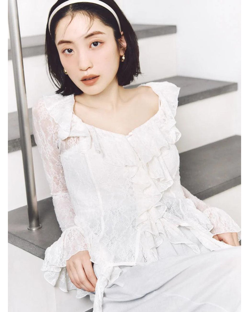 SNIDEL Natural Cut Lace Ruffle Pullover